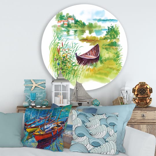 Designart - Rural Green Landscape With Boat - Lake House Metal Circle Wall Art